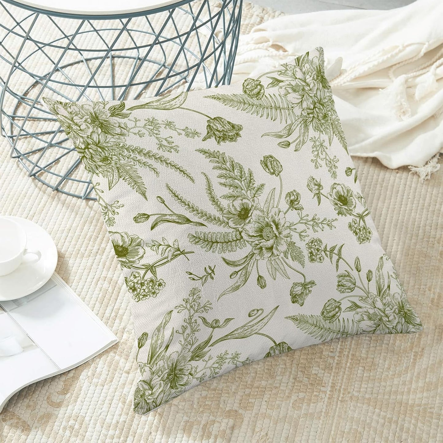 CXMEIFLY Sage Green Spring Pillow Covers 16 x 16 Inch Set of 2 for Chinoiserie Flowers Decor Throw Pillows Floral Leaves Seasonal Plant Outdoor Decorative Cushion Cases for Couch Bed Decorations