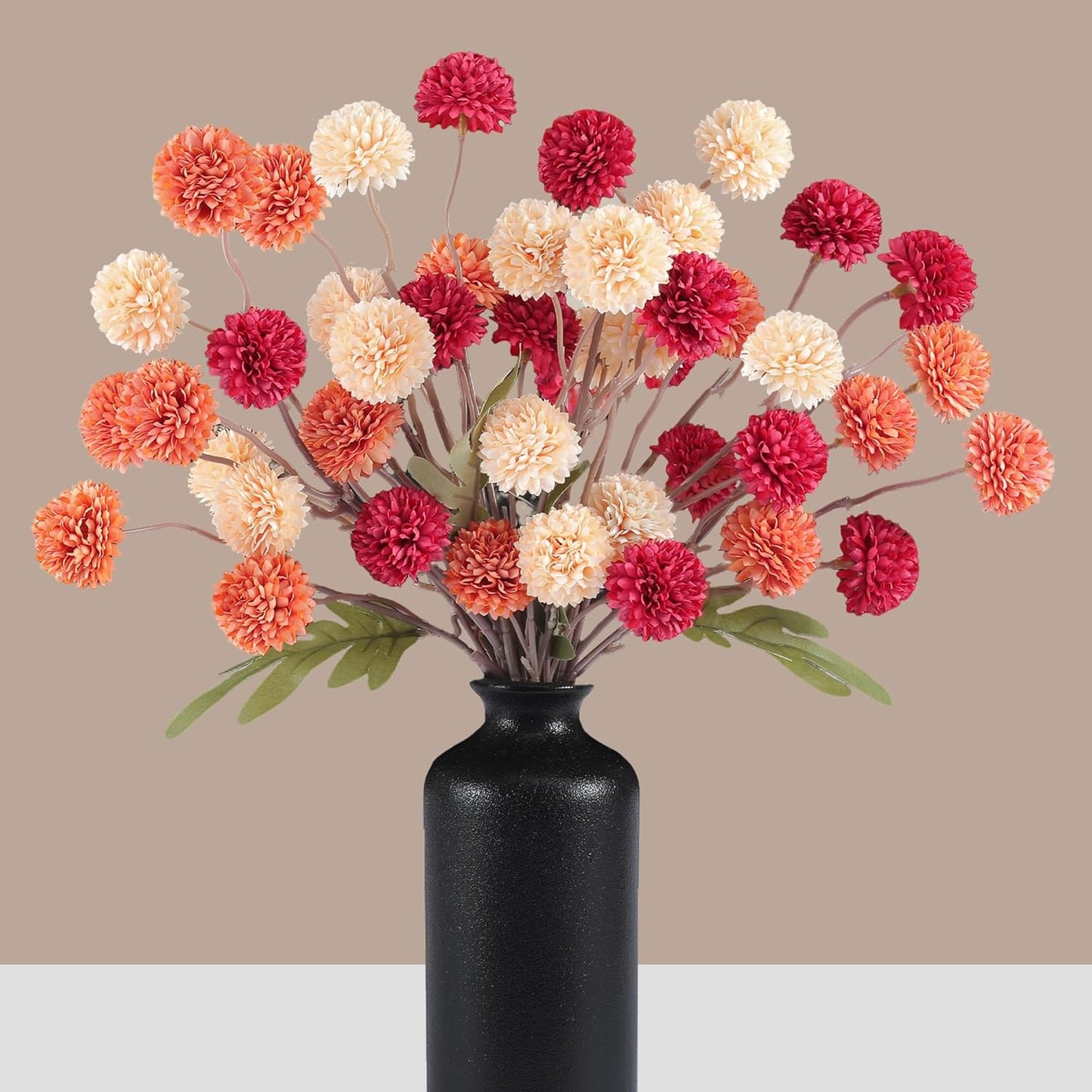 Faux Kiku Flowers Fall 10 Stems & 2 Eucalyptus, Fake Mums Pompon Flower Ball, Autumn Burnt Orange Artificial Chrysanthemums Flowers for Boho Decor, Mini Faux Kiku Flower Wedding Arrangements Decor