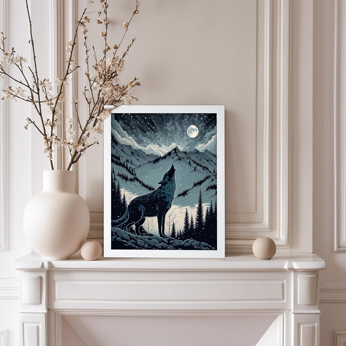 Poster Master Vintage Illustration Poster - Retro Animal Print - Gift for Artist, Friend - Wolf Howling at the Moon, Mountain, Snow, Landscape - Wall Decor for Home, Office, 11x14 White Framed