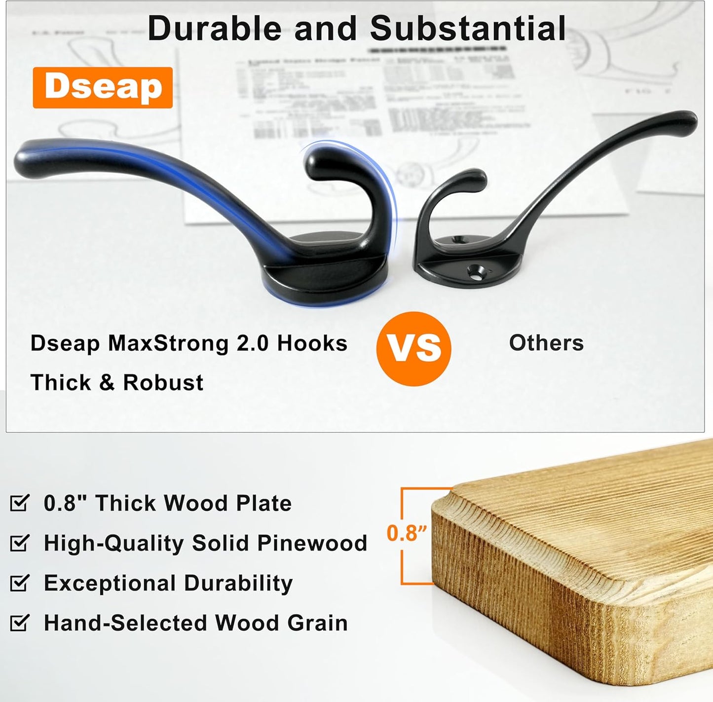 Dseap Coat Rack Wall: 24" Long, Patented, Heavy-Duty, 6-Double-Hooks Wooden Wall Mounted Coat Rack Coat Hanger Hook Rail for Winter Coats Hat Jacket Clothing, Weathered Blue, Pack of 2