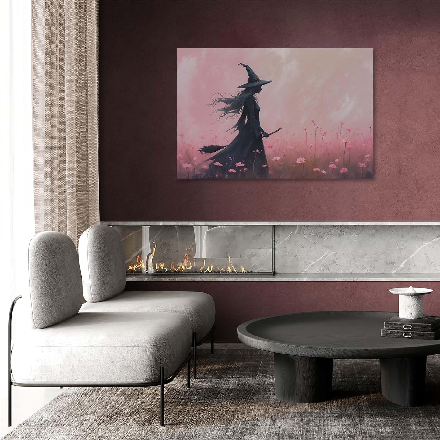 Witch in the pink sea of flowers Halloween prints weird flowers wall art silhouette painting fashionable romantic decoration suitable for bedroom12x16in Wood Framed