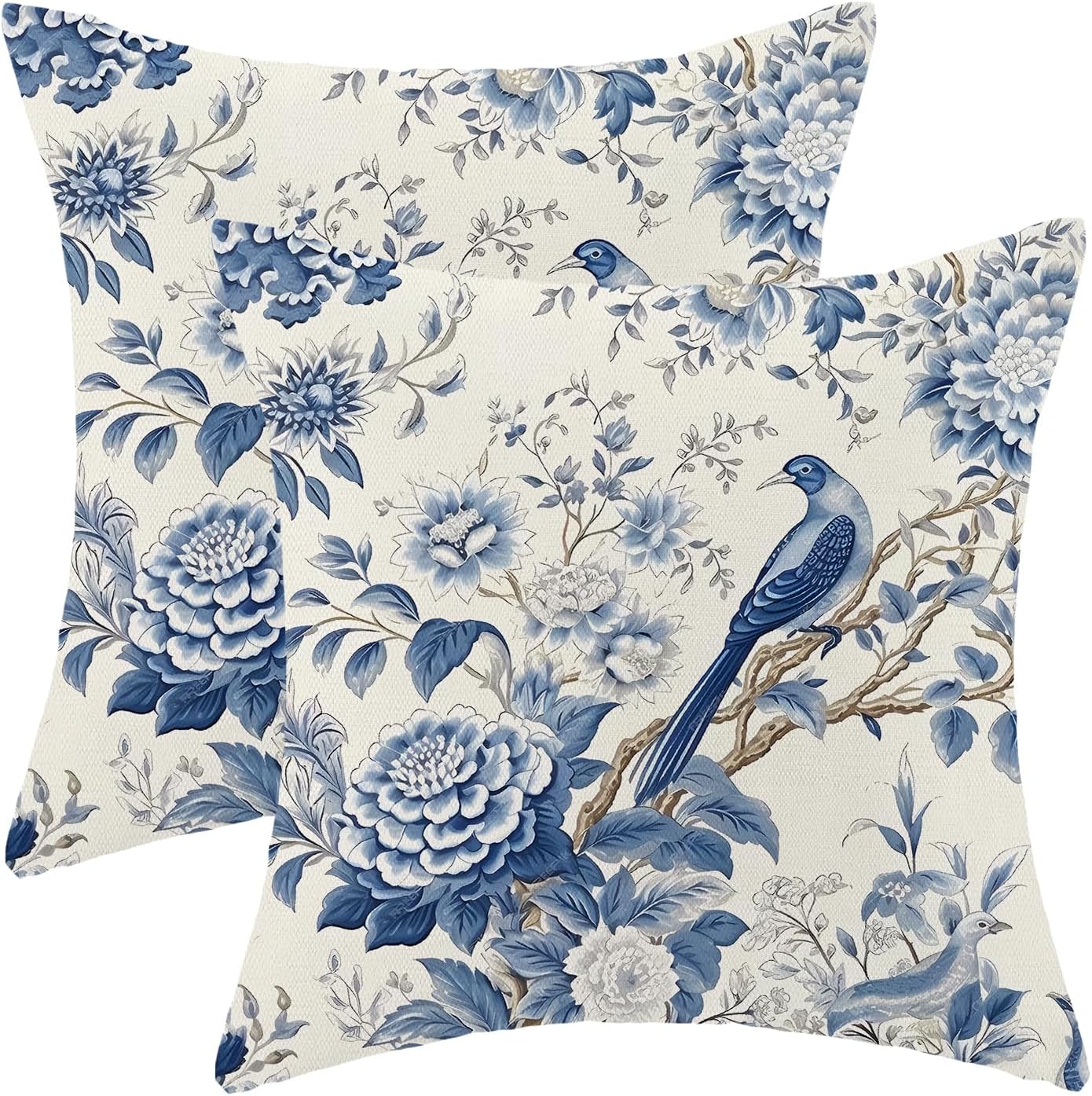 CXMEIFLY Spring Floral Pillow Covers 20 x 20 Inch Set of 2 for Chinoiserie Flowers Bird Decor Throw Pillows Vintage Blue and White Plant Outdoor Decorative Cushion Cases for Couch Bed Decorations