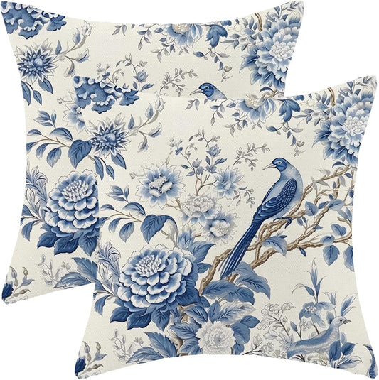 CXMEIFLY Spring Floral Pillow Covers 20 x 20 Inch Set of 2 for Chinoiserie Flowers Bird Decor Throw Pillows Vintage Blue and White Plant Outdoor Decorative Cushion Cases for Couch Bed Decorations