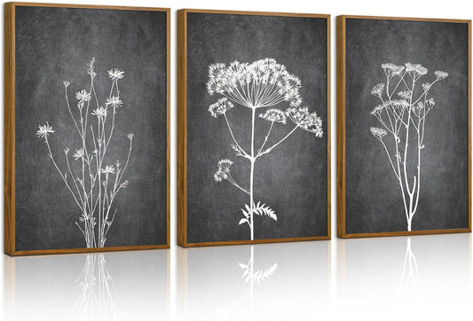 Tinonedraw Black and White Botanical Framed Canvas Wall Art Set, Vintage Floral Wall Decor, Dark Academia Minimalist Plant Art Paintings, Abstract Wildflower Art Print for Living Room Bedroom 16"x24"x3