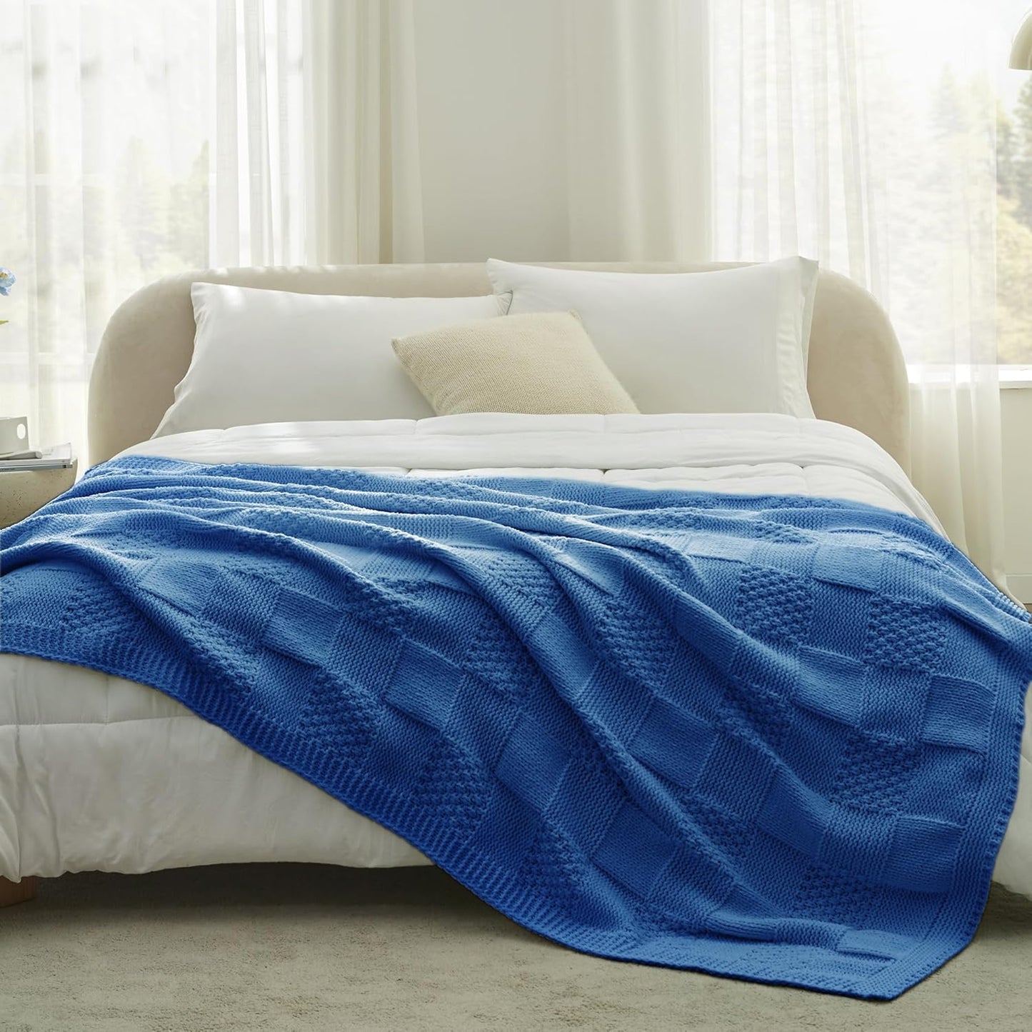 Amélie Home Chenille Knit Throw Blanket for Couch, Checkered Texture Decorative Soft Blanket for Sofa, Bed & Living Room, 50"x60", Blue