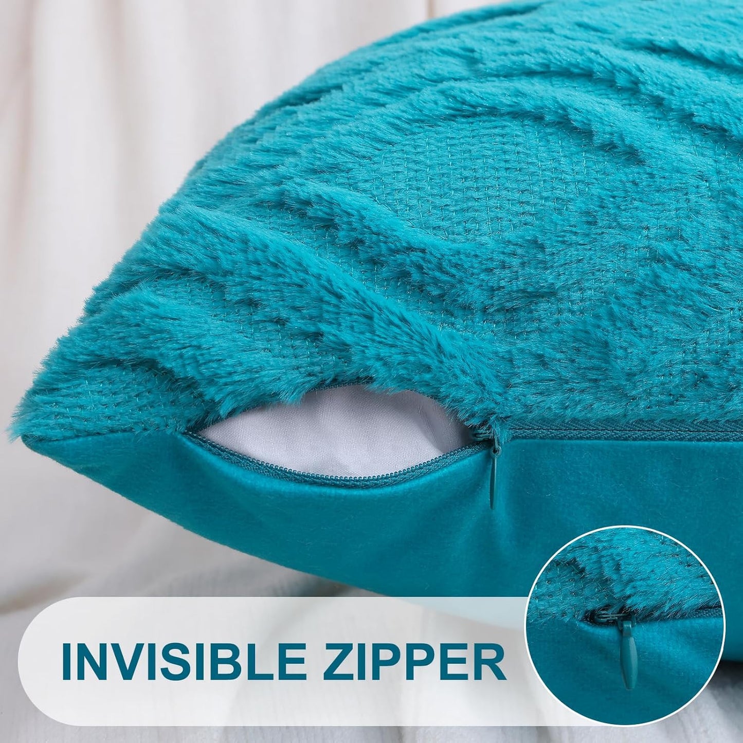 decorUhome Fall Throw Pillow Covers 20x20 Inch Set of 2, Soft Plush Decorative Faux Fur Teal Solid Couch Pillow Covers, Accent Farmhouse Neutral Square Euro Pillow Cases for Sofa Bed Living Room