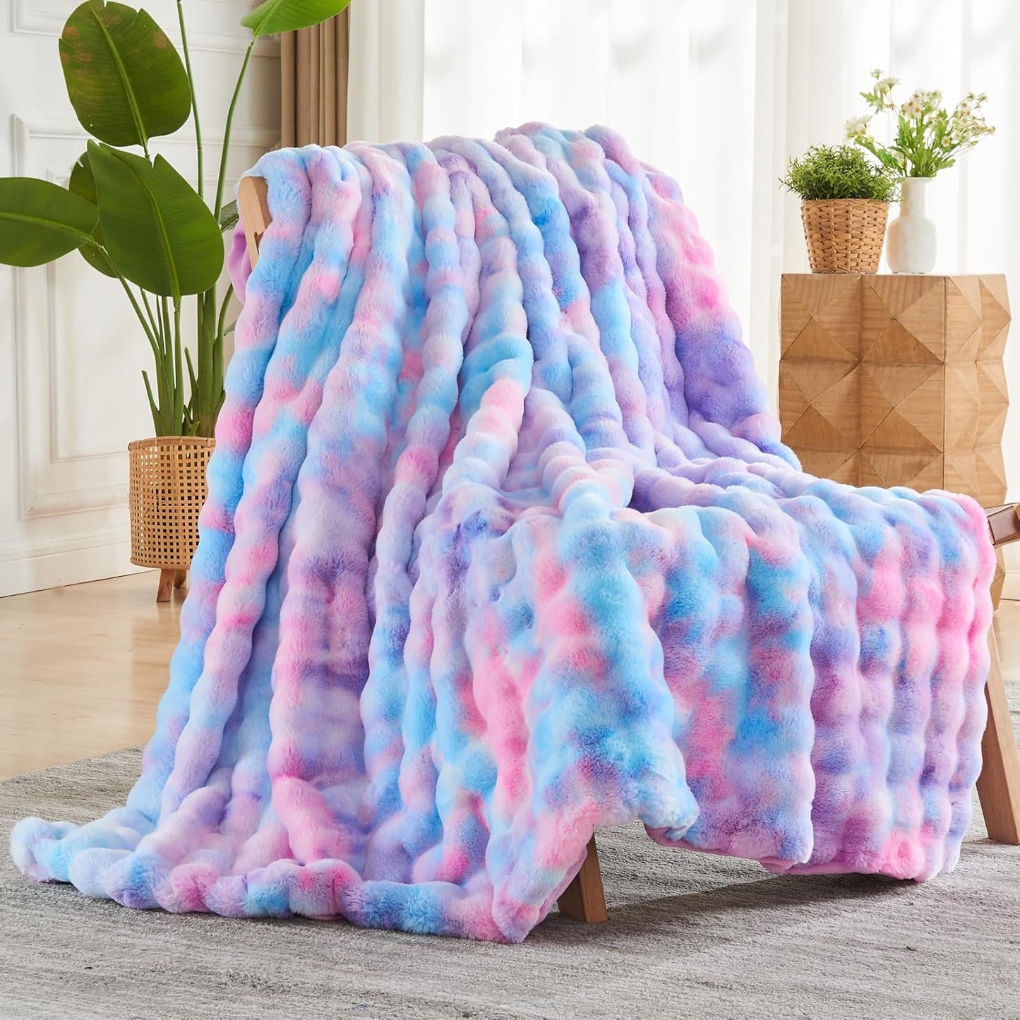 NEWCOSPLAY Faux Fur Twin Blanket Purple Rainbow Luxury Fluffy Thick Warm Bubble Blanket for Couch Sofa Bed 700GSM (Purple Rainbow, Twin(60"x80"))