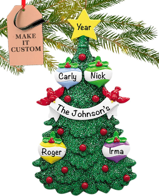 Personalized Family of 4 Ornament 2025 | Free 24h Customization | Christmas Ornaments for Tree | Custom Gift Wrapped Green Glitter Keepsake for Four Persons