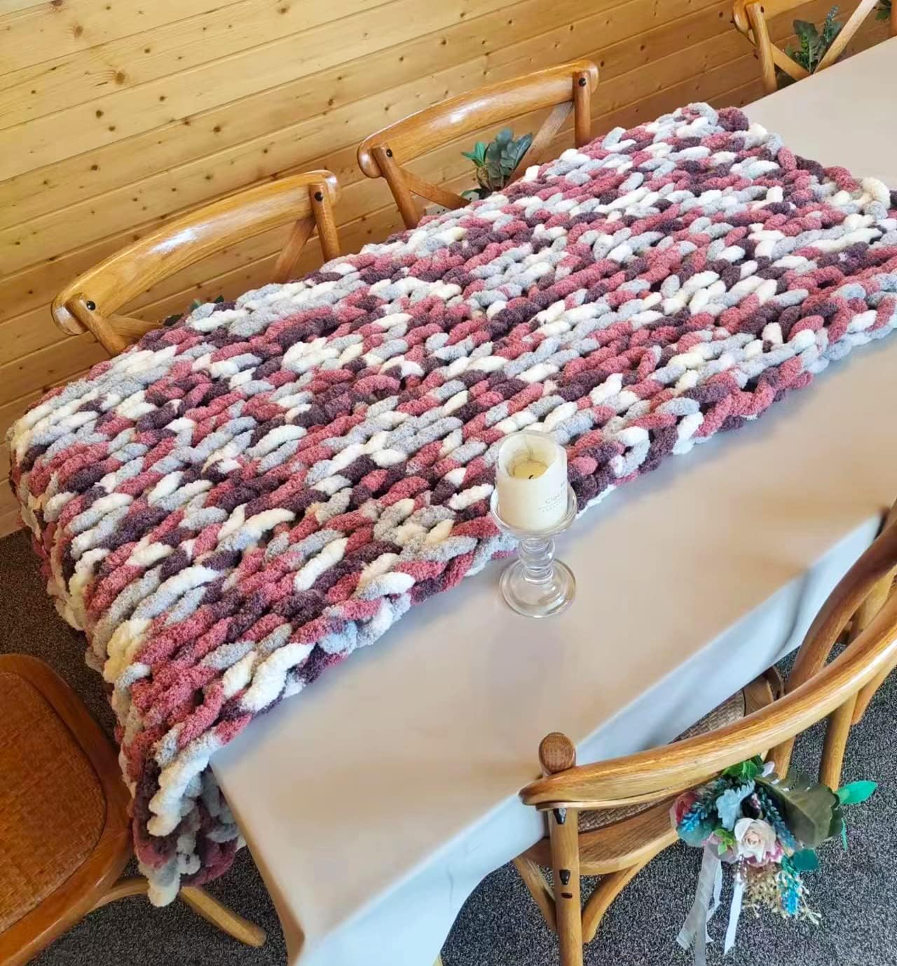 DDL&HEXI Chunky Chenille Blanket 100% Hand Knit with Jumbo Chenille Yarn (50"x60") Super Soft Large Throw Bed Blanket for Couch, Sofa, Home Decor - Machine Washable (05)