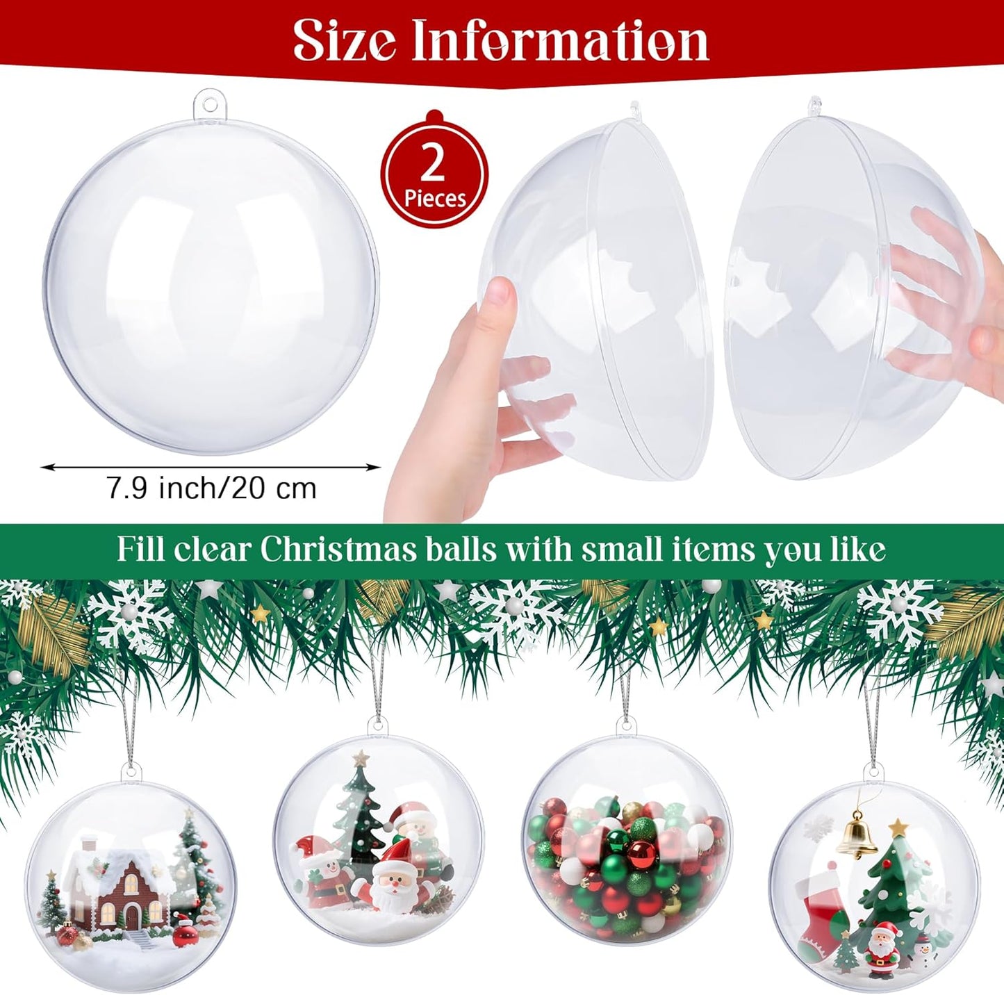 ANVAVO 2 Pieces 20 cm Christmas Clear Plastic Fillable Ball Ornaments DIY Craft Transparent Baubles Shatterproof Christmas Tree Hanging Ornaments for Xmas New Years Birthday Wedding Home Decor