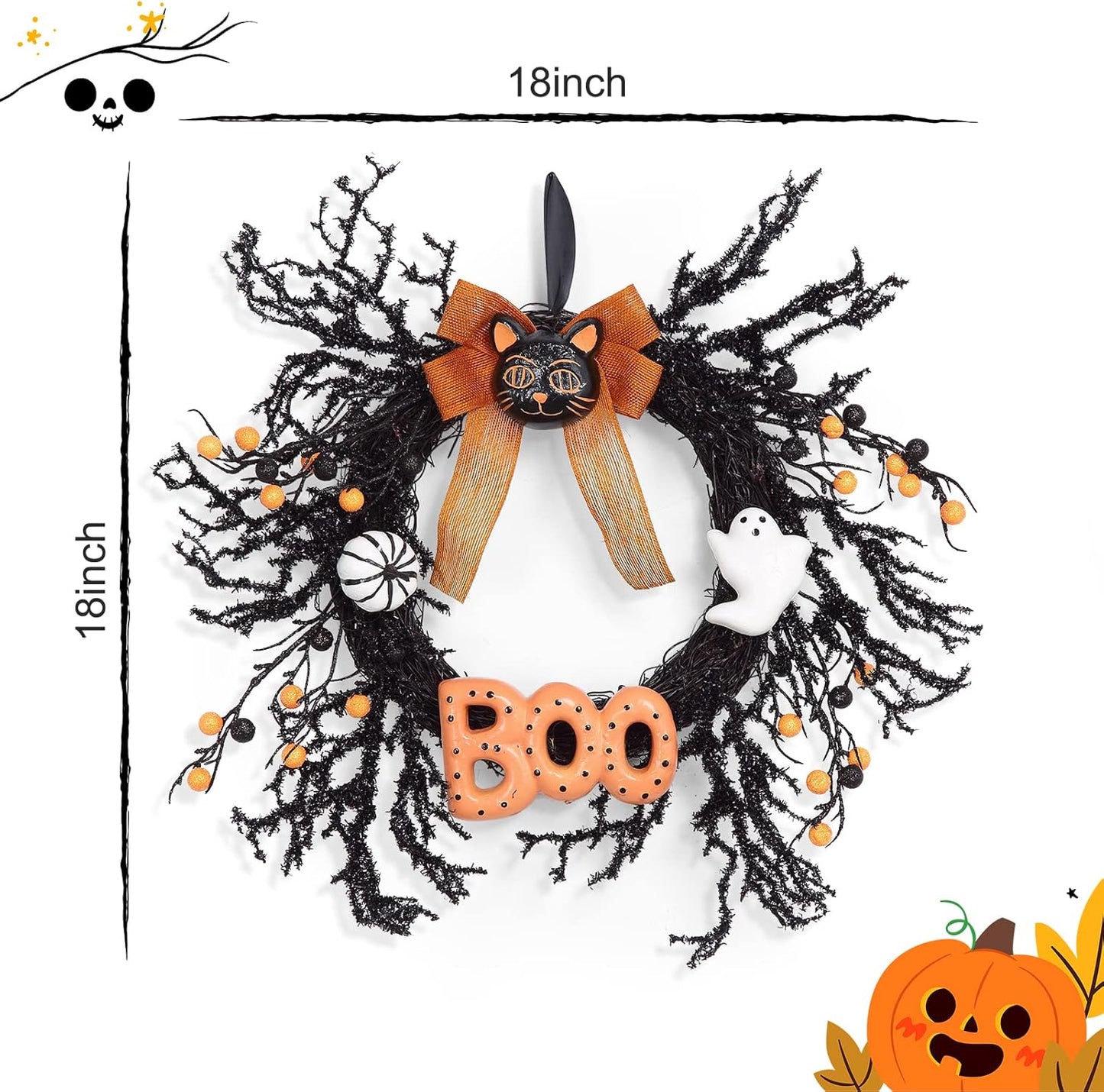 Adeeing Halloween Wreaths for Front Door, 18Inch Halloween Wreath with Black Cat Boo Sign White Pumpkin and Ghost for Indoor Outdoor Window Proch Halloween Decoration