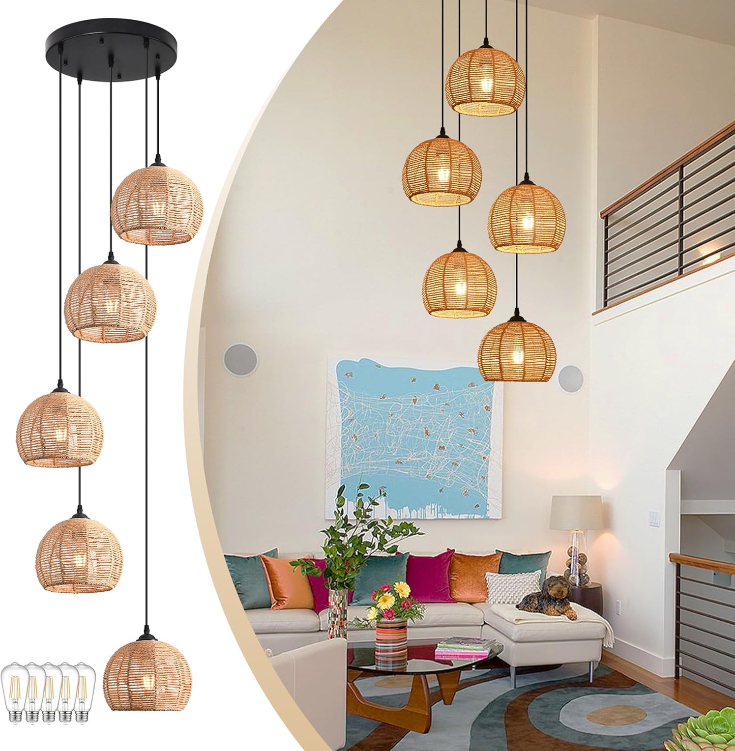 5-Light Woven Foyer Chandeliers for High Ceiling,5 Dome Boho Rattan Pendant Light Farmhouse Wicker Ceiling Light,rustic Hemp rope Light Fixture For Living Room Hallway Staircase Entryway(Bulb Incl.