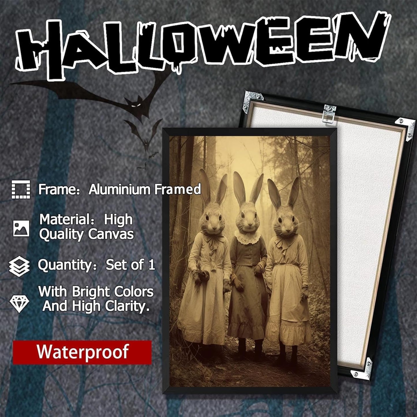 Vintage Horror Spooky Three Rabbits In Occult Forest Spooky Canvas Wall Art Poster Gothic Dark Academia Decorations Room Creepy Print Retro Halloween Wall Decor 12X16inch Aluminum Framed