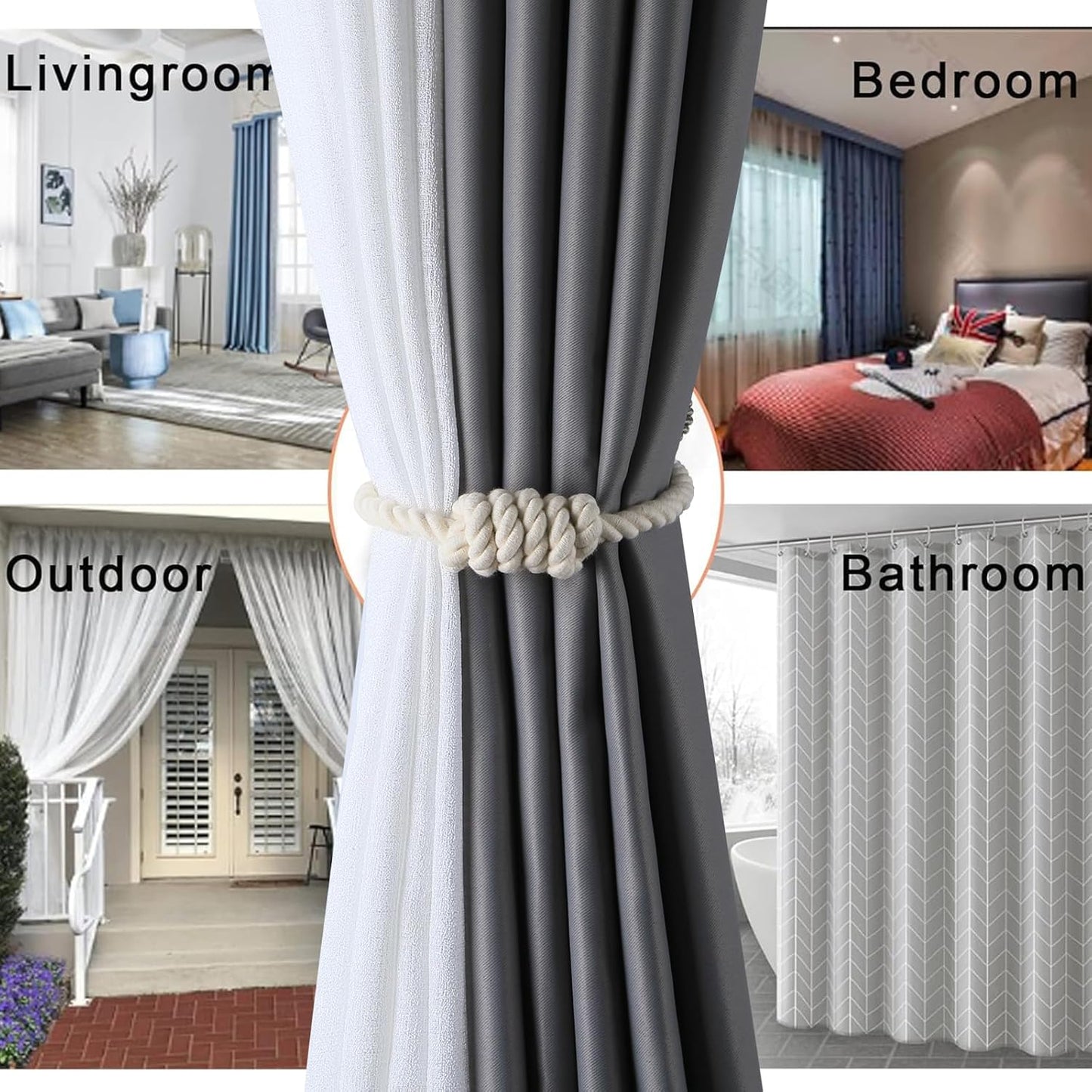 Fenghuangwu 4Pack Magnetic Curtain Tiebacks – Bohemian Style Handmade Woven Tie-Backs for Drapes,Elegant Exquisite Knot Holdbacks,Outdoor Boho & Modern Home Decor（Gold