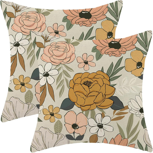 CXMEIFLY Spring Floral Pillow Covers 16 x 16 Inch Set of 2 for Vintage Mustard Yellow Pink Flowers Decor Throw Pillows Plant Cream Outdoor Decorative Cushion Cases for Couch Bed Decorations
