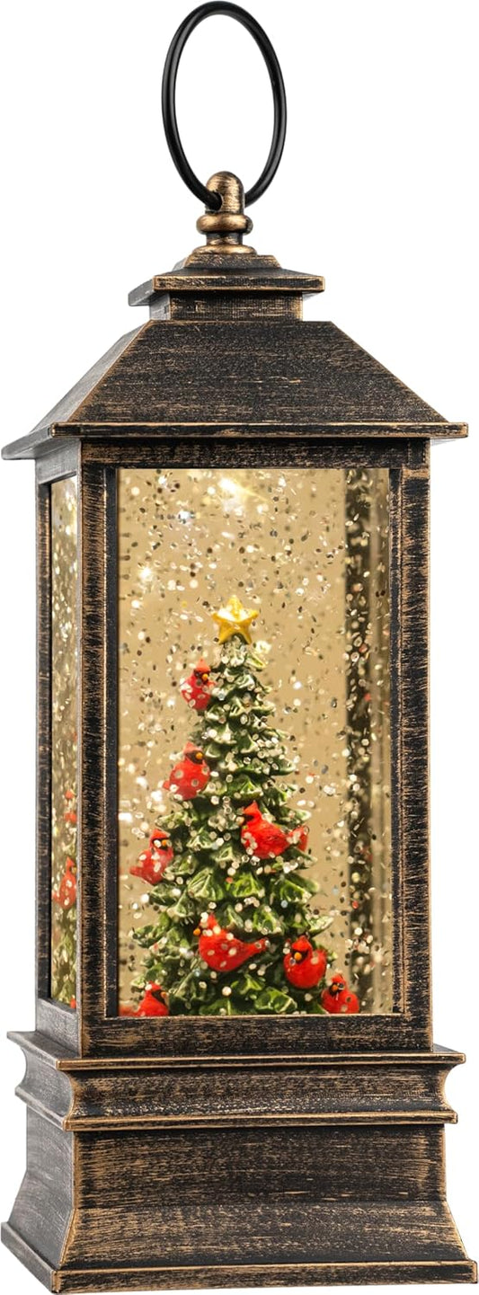 Christmas Snow Globe Lantern Water Glittering Christmas Tree with Music, USB Lined/Battery Operated Lighted Lantern for Christmas Festival Decoration Gifts