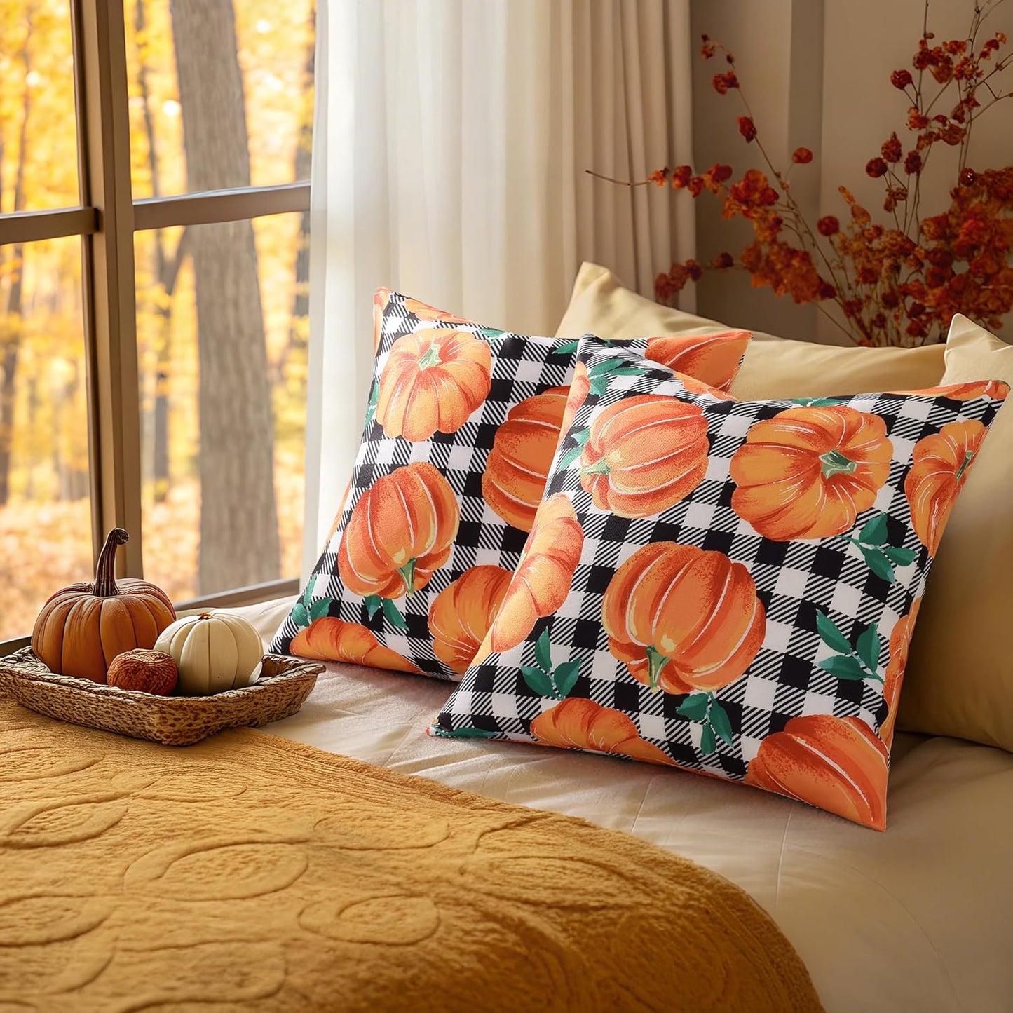 decorUhome Fall Orange Pumpkin Decorative Throw Pillow Covers 16x16 Set of 2, Buffalo Plaid Check Farmhouse Cushion Covers for Autumn Harvest Couch Sofa Bed Home Decor