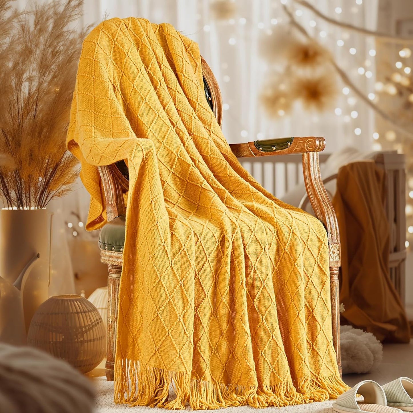 inhand Knitted Fall Throw Blanket for Couch and Bed, Knit Fall Decor Halloween Blanket with Tassel, Mustard Yellow Lightweight Decorative Farmhouse Warm Woven Blankets and Throws for Women, 50"x60"