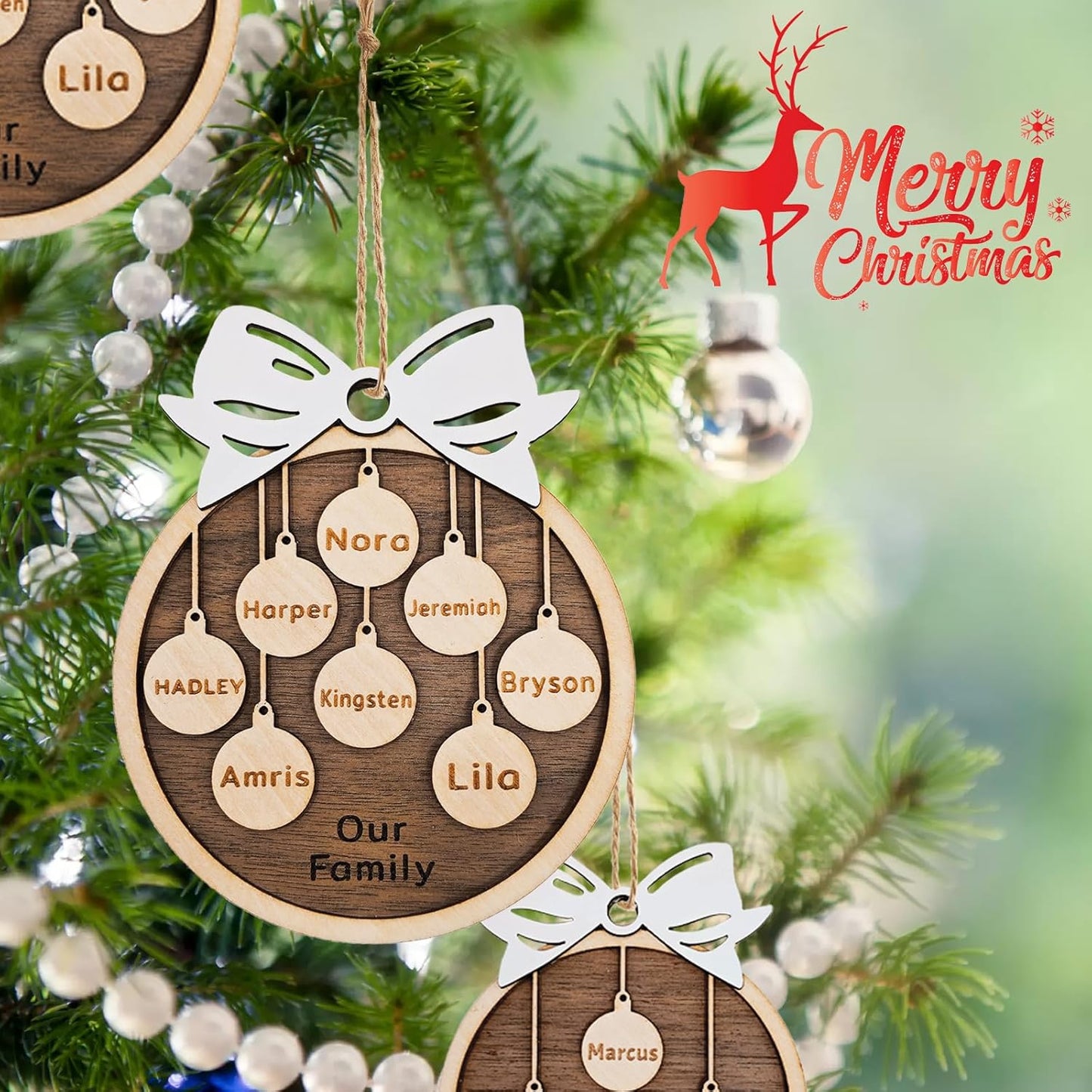 Personalized Christmas Ornaments 2025 with Family Names Custom Wooden Ornaments for Christmas Tree Personalized Christmas Ornament Gifts (1-10 Names)