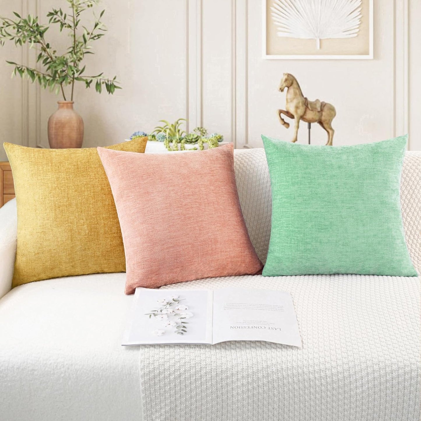 CaliTime Throw Pillow Covers Decorative 18 X 18 Inches Pack of 2 Cozy Chenille Cushion Cases for Couch Sofa Bed Living Room Home Grey Green