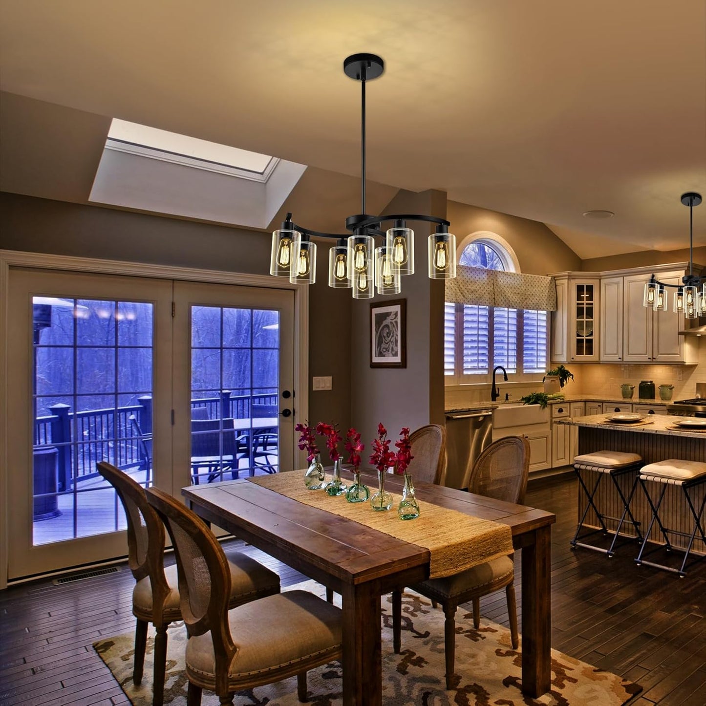 9-Light Black Modern Chandeliers for Dining Room, Adjustable Height Farmhouse Kitchen Island Lighting, Industrial Hanging Light Fixtures for Living Room Bedroom, Clear Glass Shade