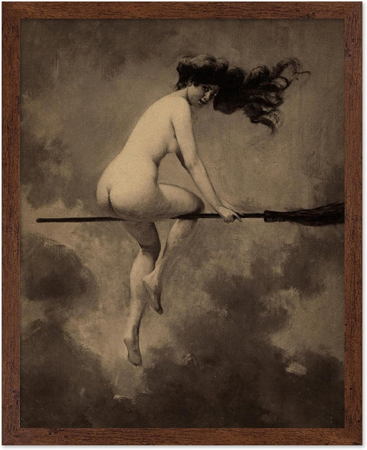 Poster Master Vintage Albert Joseph Penot Poster - Retro Halloween Print - Gift for Artist, Friend - Departure for the Sabbath, Naked Witch on Broom - Wall Decor for Bedroom, 8x10 Brown Framed