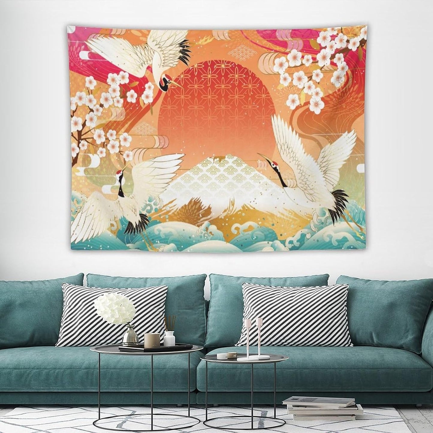 HZOHNAGO Japanese Tapestry Cherry Blossom Crane Sea Wave Fuji Mountain Red Sun Pattern Printed Wall Tapestry Painting Wall Hanging for Bedroom Living Room Dorm 80" W x 60" H