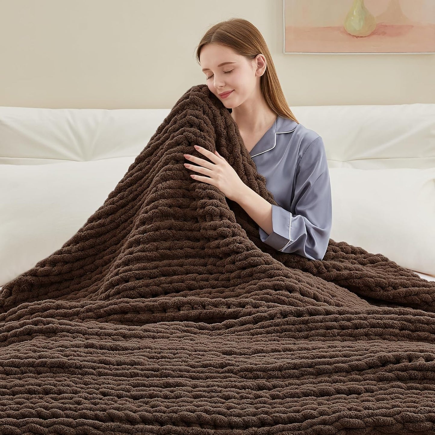 Chunky Knit Throw Blanket, 40''*50'' Knitted Throw Chenille Yarn for Bed Couch, Handmade Dark Brown Crochet Big Thick Blanket, Machine Washable Cute Comfy Blanket for Home Decor