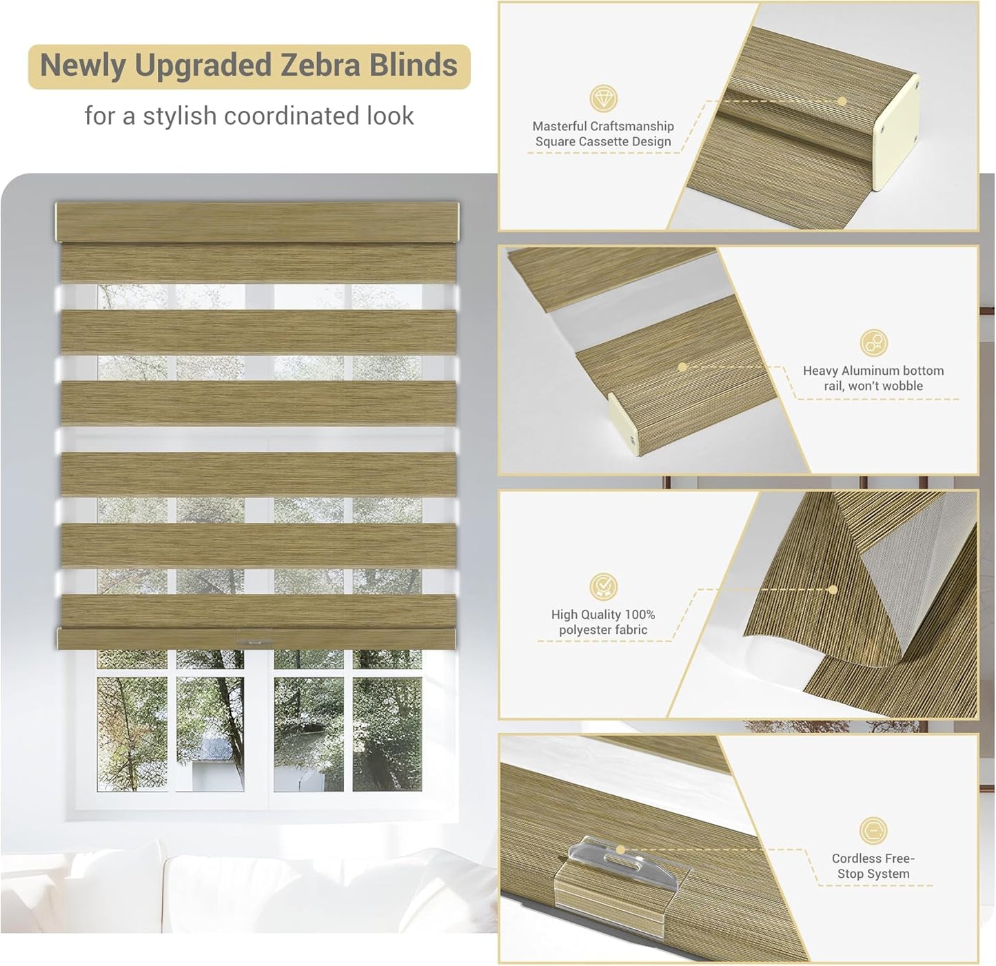 Cordless Zebra Blinds for Windows, Blackout Interior Blinds,Easy to Install,UV Protection,for Offices and Home,Custom Roller Shades, Mousse Grey,12" W x 72" H