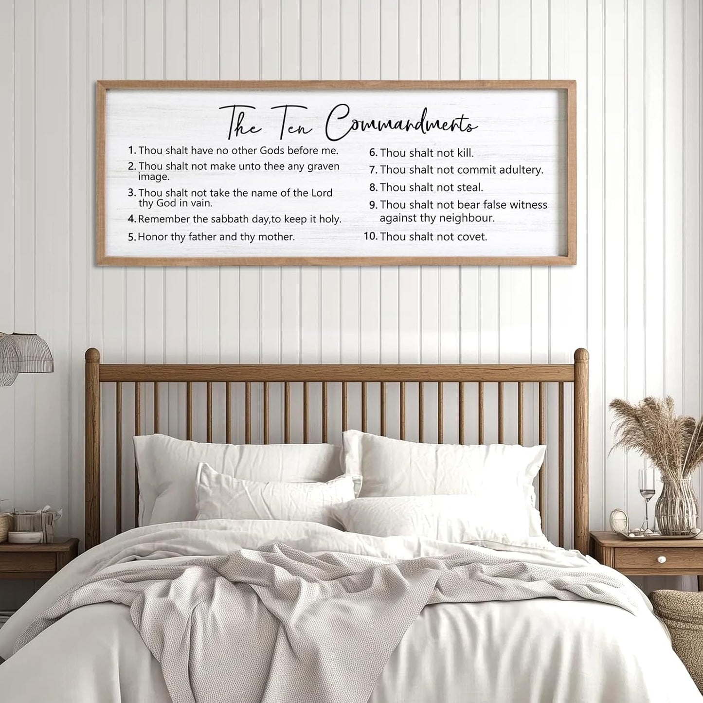 The Ten Commandments Rustic Bible Verse Framed Wall Art, 40''×15'' Positive Religious Christian Saying Sign for God Jesus Christ Prayer, Vintage Horizontal Holy Inspirational Catholic Scripture Decor