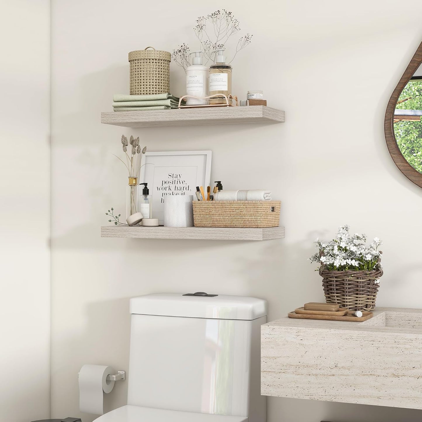 Heimlove 24 inch Floating Shelves for Wall,9.3 inch deep Grey Bathroom Over Toilet Shelf,Wall Mounted Rustic Wood Shelves for Bedroom,Living Room,Kitchen,Office Decor Set of 2-Grey