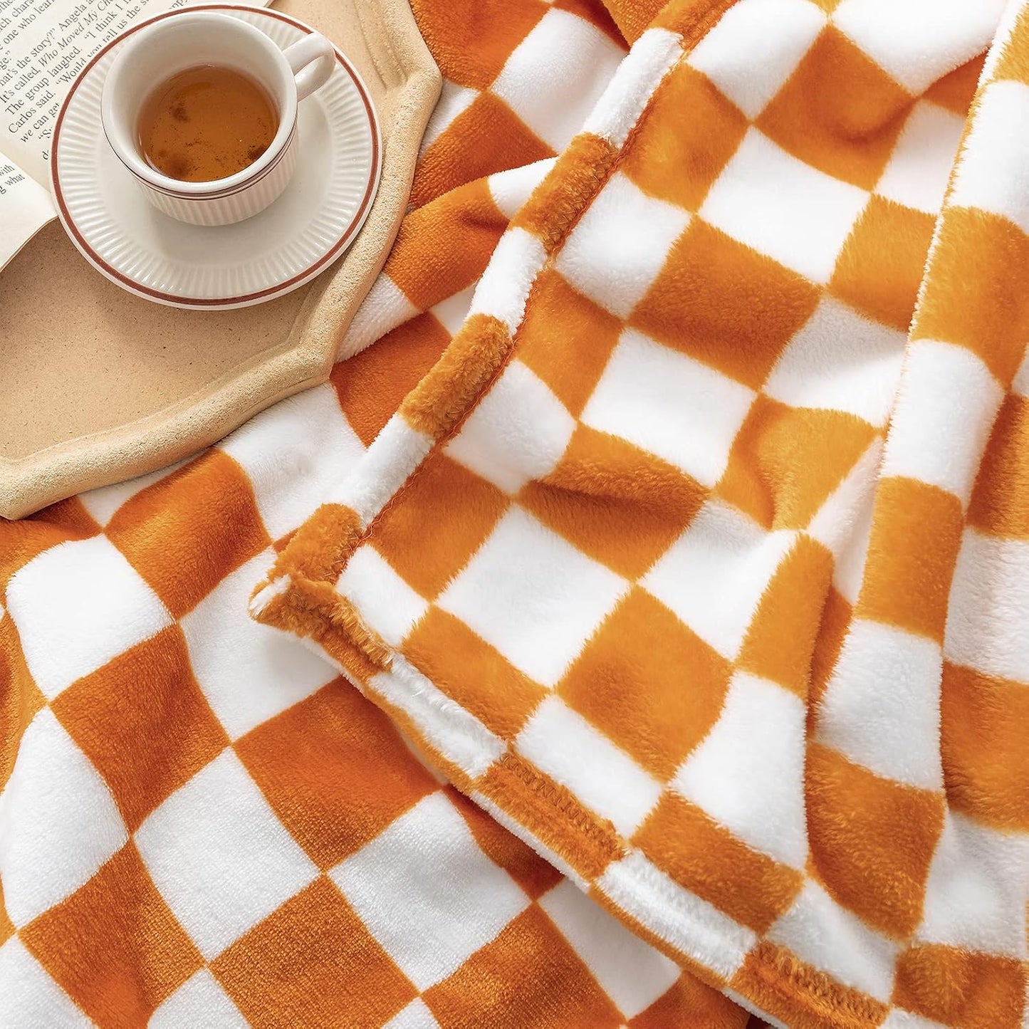 LOMAO Throw Blankets Flannel Blanket with Checkerboard Grid Pattern Soft Throw Blanket for Couch, Bed, Sofa Luxurious Warm and Cozy for All Seasons (Orange, 60"x80")