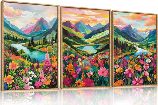 Wildflower Blossom Framed Canvas Wall Art Set, Colorful Flowers Painting, Abstract Landscape Wall Decor, Natural Ridge Floral Art Print for Living Room, Dining Room, Office - 16"x24"x3