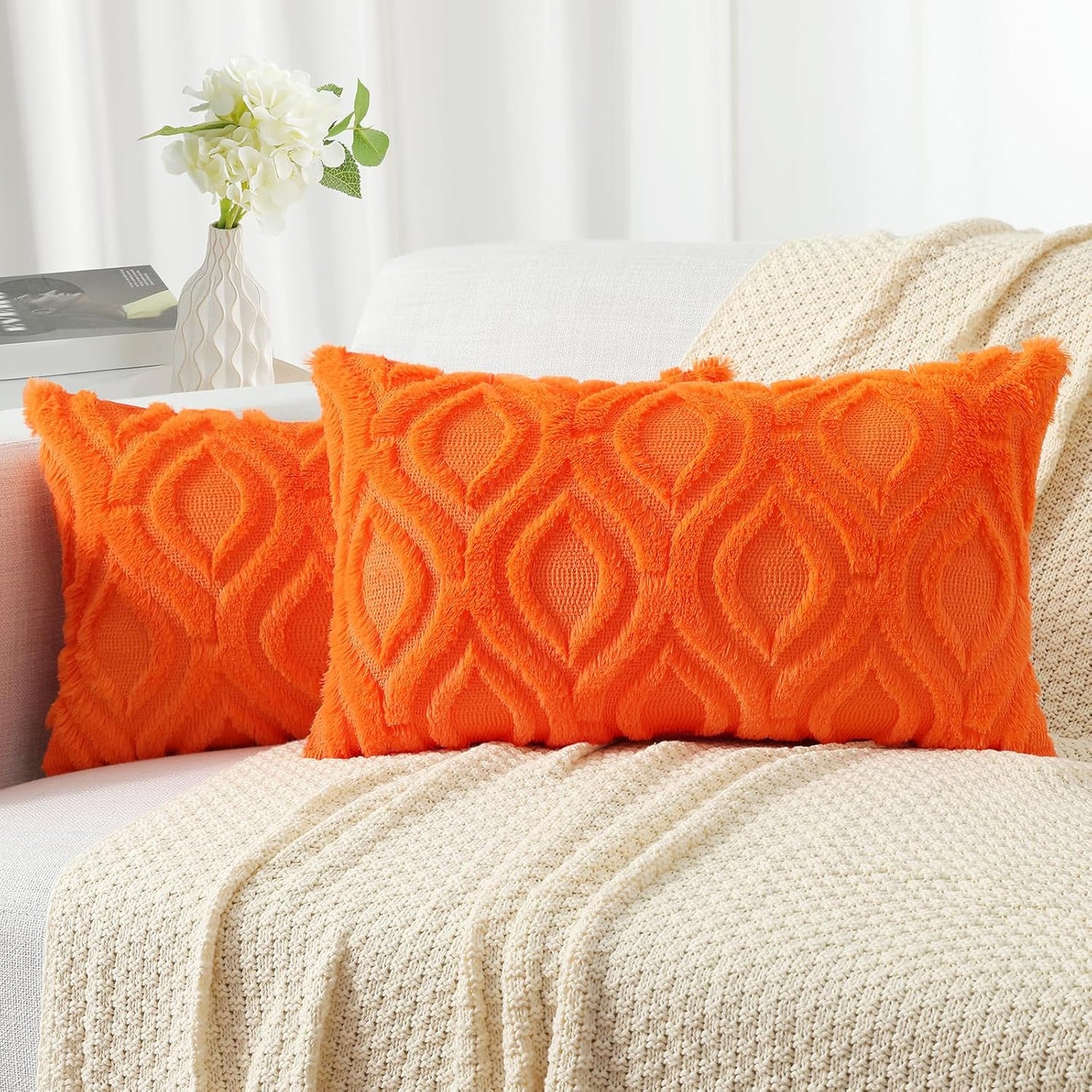 decorUhome Fall Throw Pillow Covers 12x20 Inch Set of 2, Soft Plush Decorative Faux Fur Orange Solid Couch Pillow Covers, Accent Farmhouse Neutral Lumbar Euro Pillow Cases for Sofa Bed Living Room
