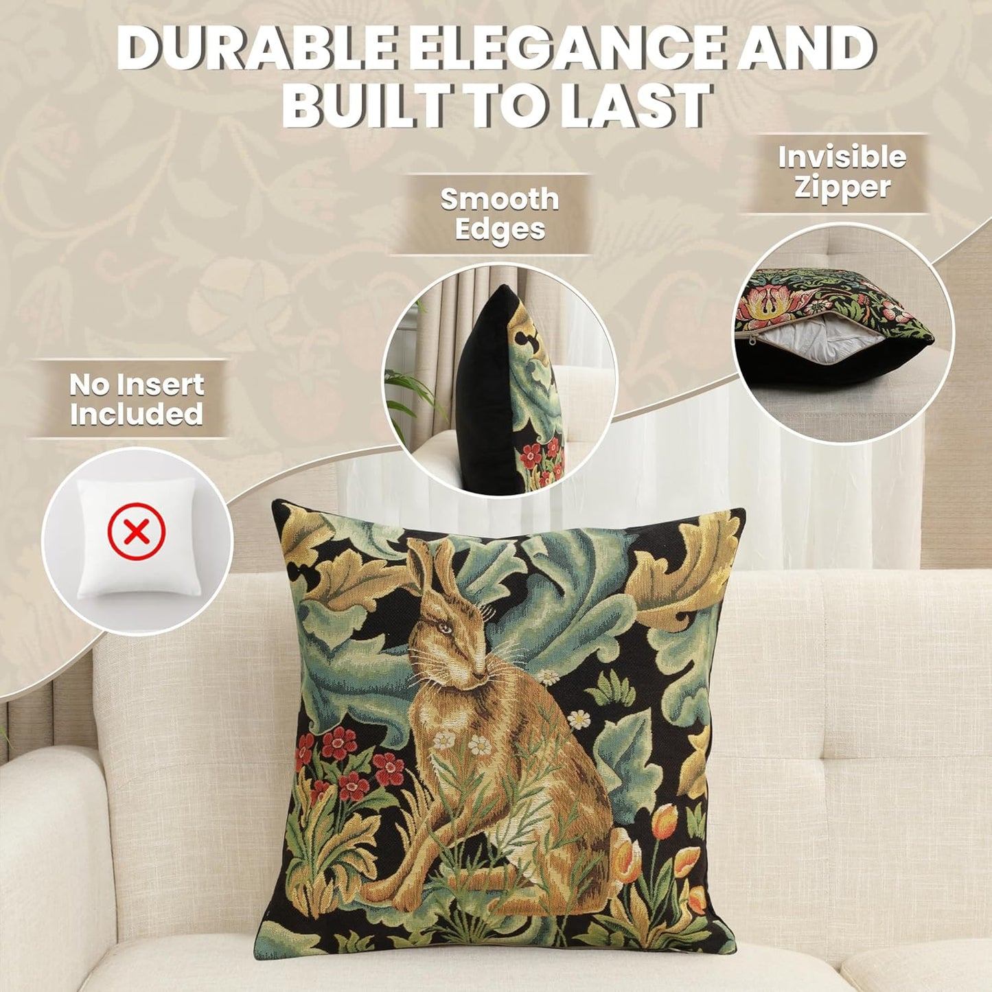 Charlotte Home Furnishings Throw Pillow Covers, Decorative Boho Pillow Covers for Couch, Living Room, Brown Hare Square Cushion Cases 18x18 in, European Cotton Jacquard Woven for Cozy Bedroom Decor