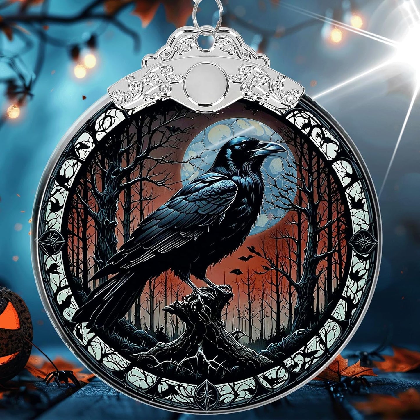 Crow Under Moonlight Halloween Christmas Tree Stained Glass Ornament - Hanging Ornaments for Christmas Tree Decorations - Holiday Keepsake Present Exchange Idea