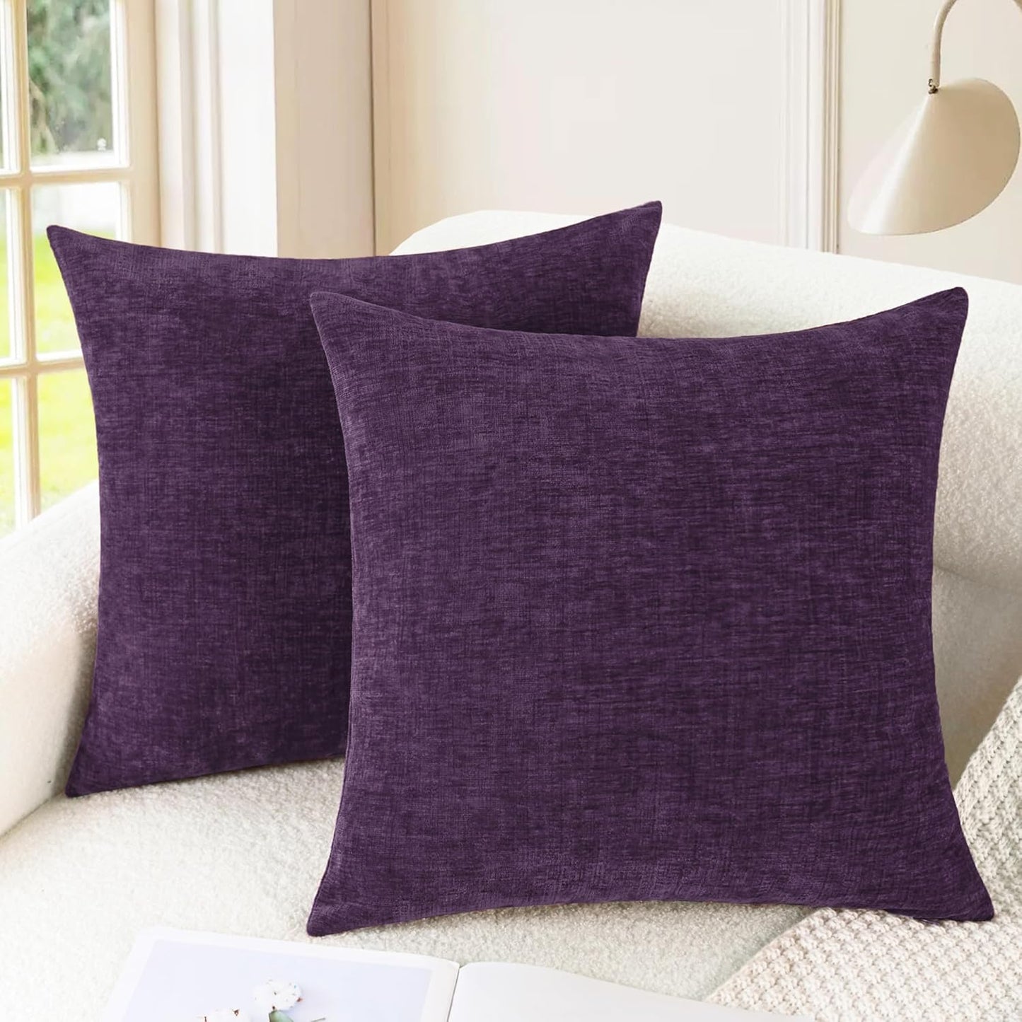 CaliTime Throw Pillow Covers Decorative 26 X 26 Inches Pack of 2 Cozy Chenille Cushion Cases for Couch Sofa Bed Living Room Home Plum Purple