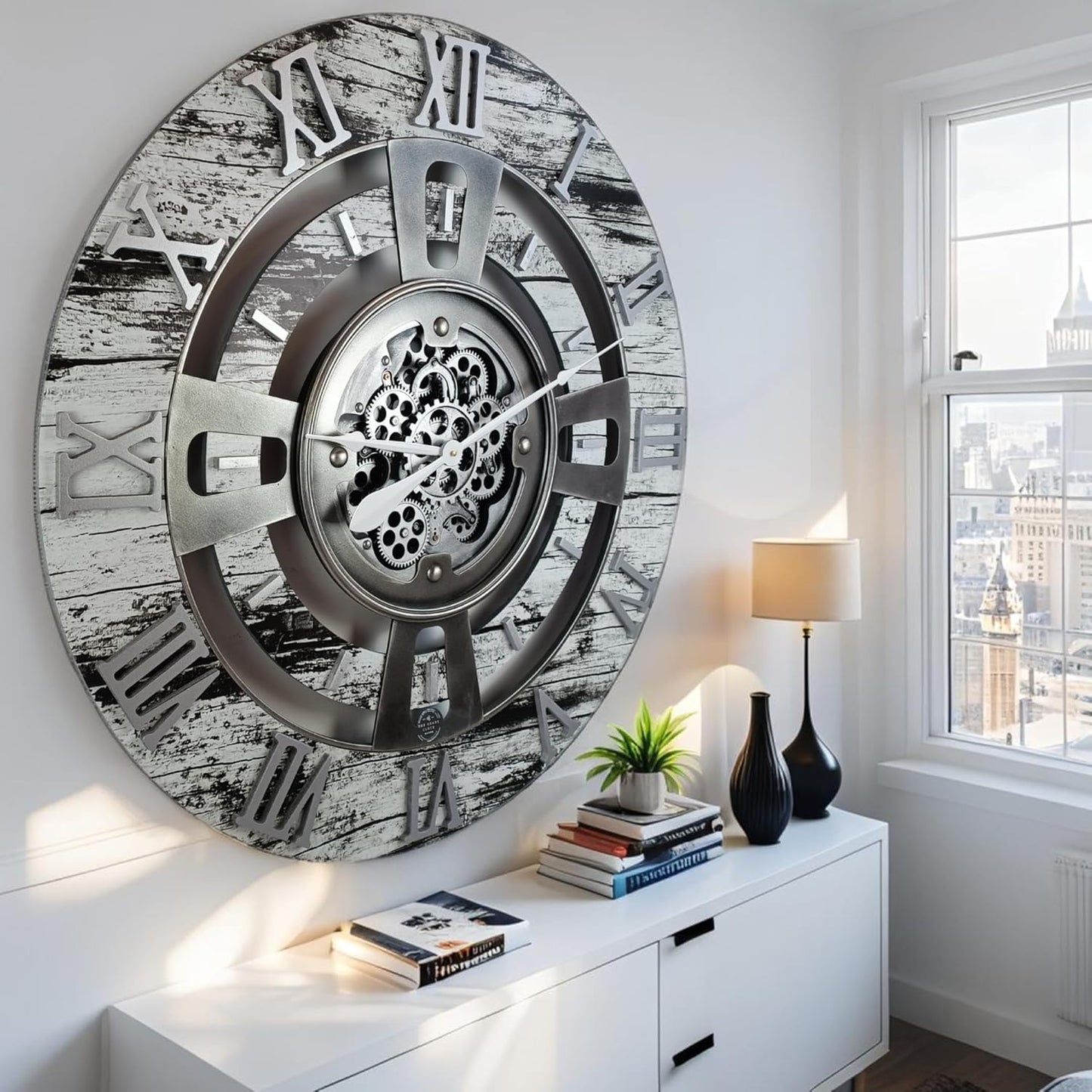 The Gears Clock Real Moving Gear Wall Clock England Line (Grey & White, 36 inches (90 cm))