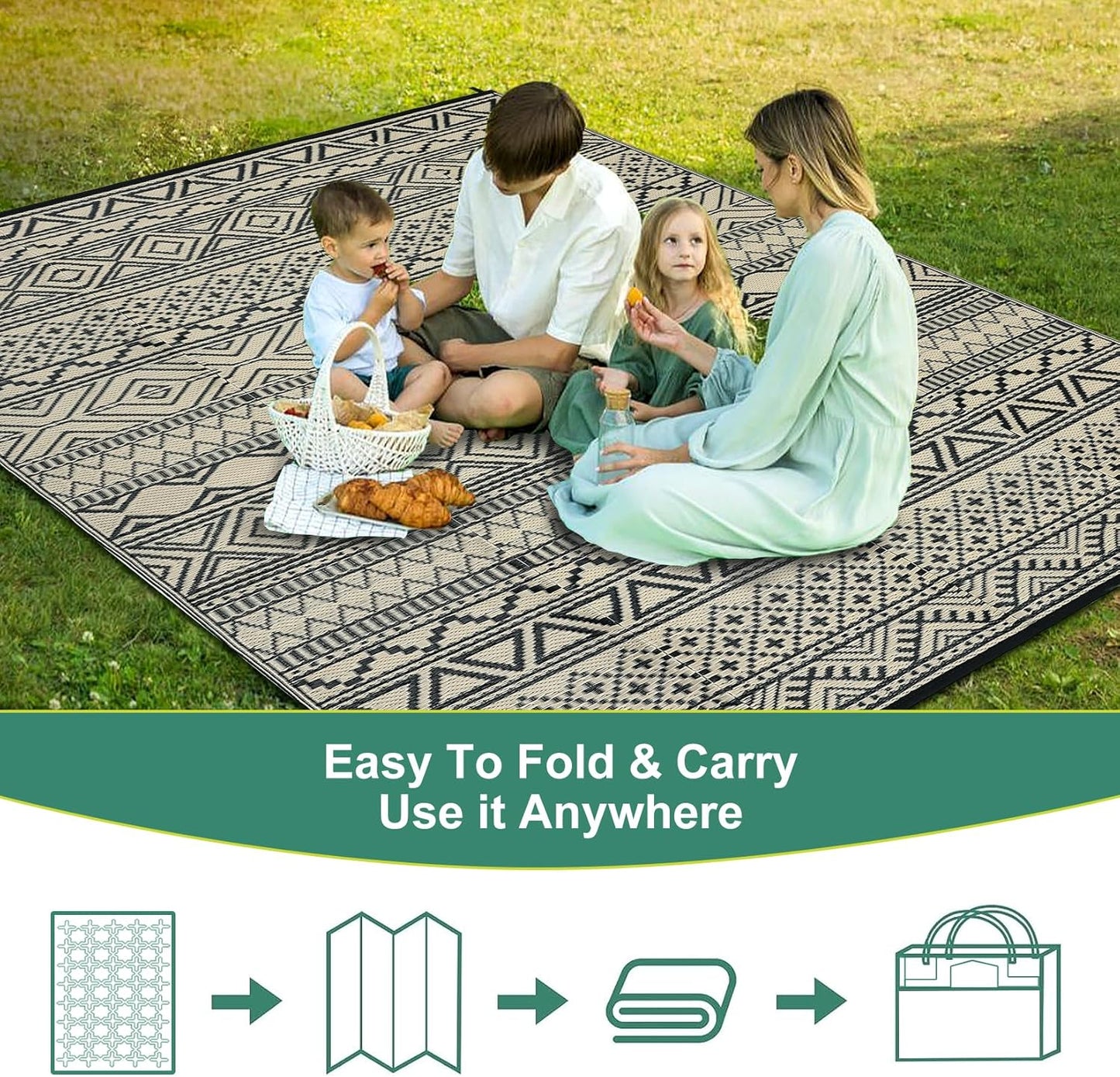 GAOMON Outdoor Rug Waterproof 8'x10', Reversible Outdoor Plastic Straw Rug, Boho Patio Rug, Indoor Outdoor Carpet, RV Mat Outside for Patio, Camp, Picnic, Balcony, Deck, Black/Coffee(Bohemia)