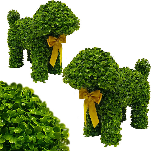 2 Pcs Artificial Bunny Shaped Topiary Trees, Artificial Green Boxwood Bunny Decorations with Gold Bow, Perfect for Indoor & Outdoor Front Porch, Easter& Garden Decor (Boxwood Dog Tree)