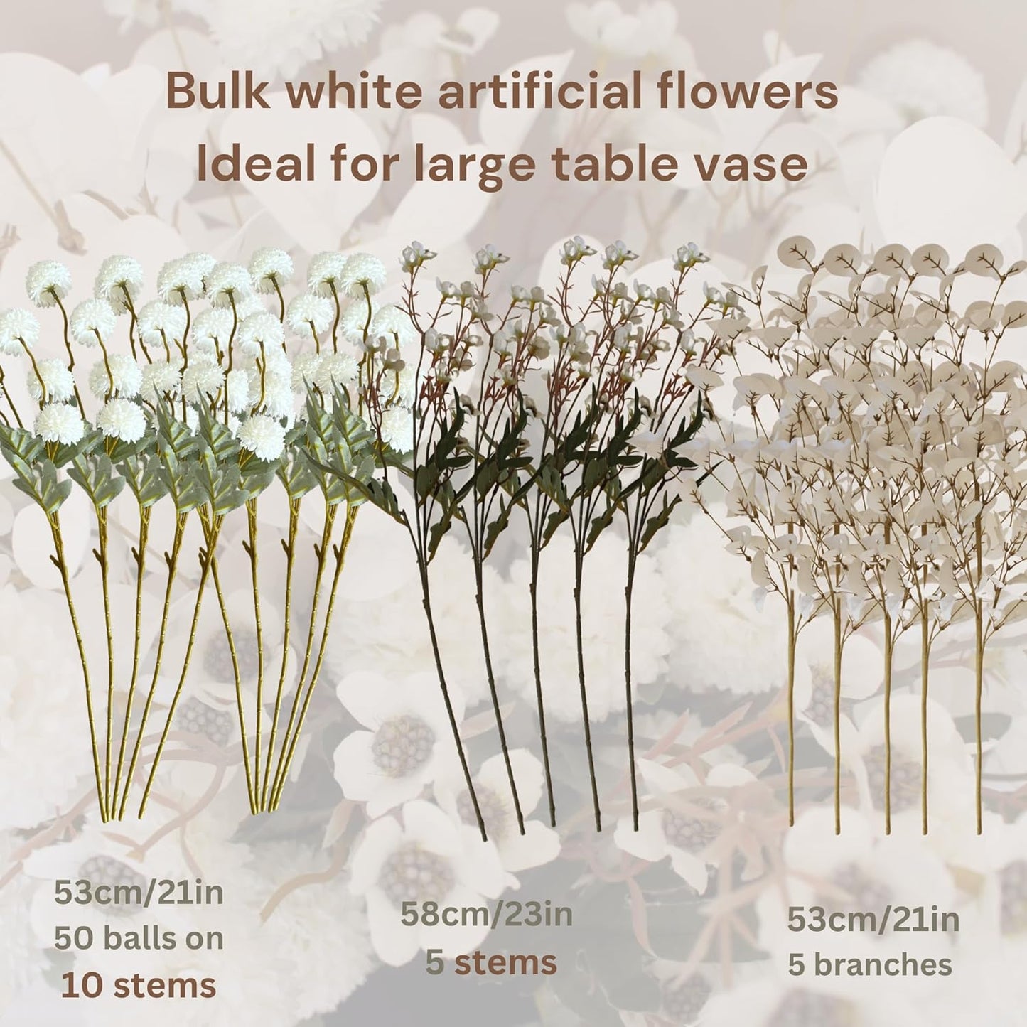 White Artificial Flowers Bulk for Vase That Look Real, White Flower Centerpiece for Table, Silk Floral for Home Decor Indoor, Faux Kiku + Eucalyptus Stems + Wildflowers, Flores Blancas Artificiales