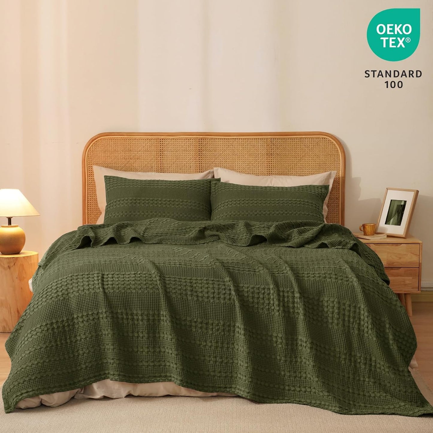 PHF 100% Cotton Waffle Weave Blanket King Size, Soft Lightweight Breathable Cozy Summer Blankets for Bed, Luxury Aesthetic Woven Bedding for Home Decor, 108"x90", Capulet Olive