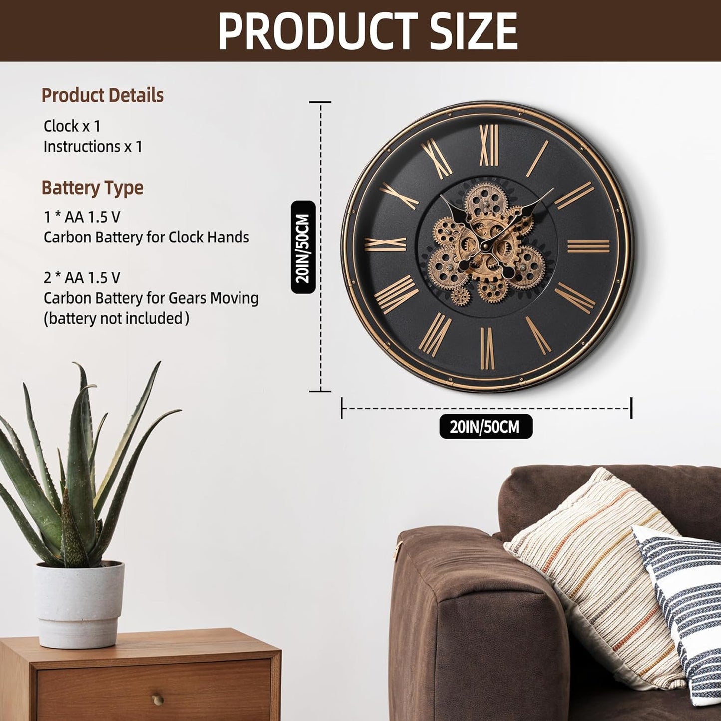 Maxstar Large Moving Gear Wall Clock,20" Vintage Mechanical Battery Operated Industrial Wall Clocks for Farmhouse Living Room,Home Office, Dinning Room, Kitchen, Steampunk Decor-Gold,Roman Numeral