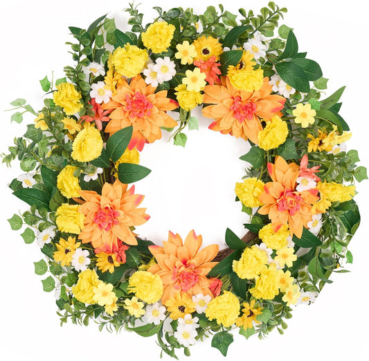 GENMOUS 24Inch Fall Wreaths for Front Door, Autumn Wreath with Dahlias and Daisy, Flower Wreath Home Decor for Autumn Thanksgiving Farmhouse Indoor Wall Window Garden Porch Fall Decor