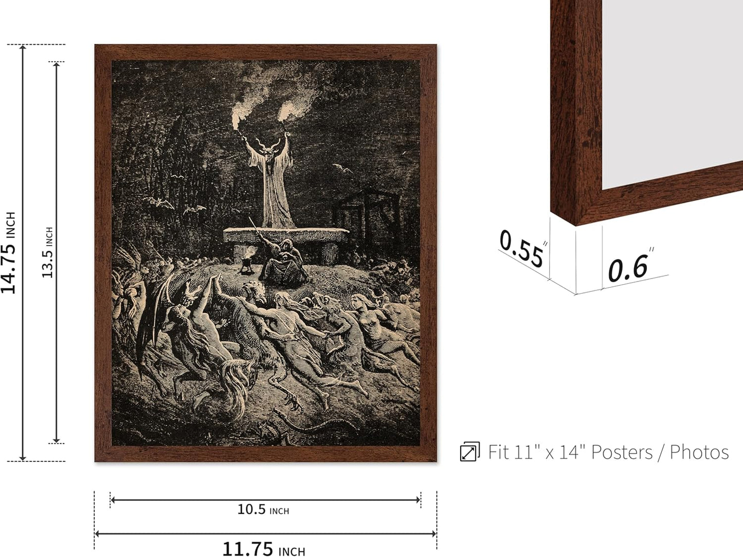 Poster Master Vintage Gustave Dore Poster - Retro Illustration Print - Gift for Gothic, Horror Fan - Dance of Sabbath, Witch, Magic, Spell - Wall Decor for Bedroom, Dorm, 11x14 Brown Framed
