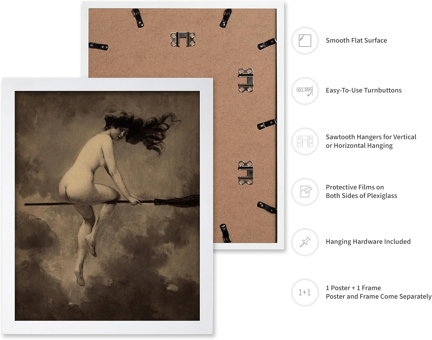 Poster Master Vintage Albert Joseph Penot Poster - Retro Halloween Print - Gift for Artist, Friend - Departure for the Sabbath, Naked Witch on Broom - Wall Decor for Bedroom, 11x14 White Framed