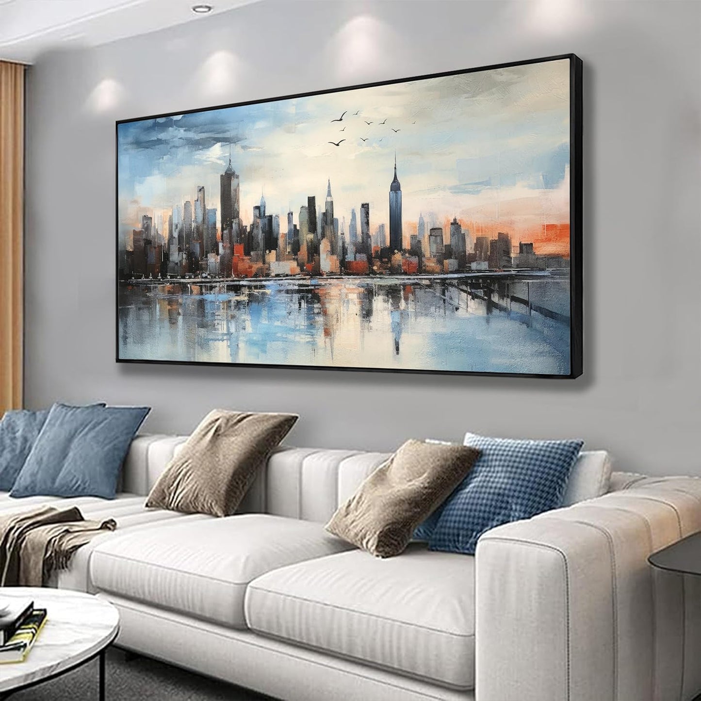 Wall Art Framed Abstract Cityscape Wall Decor Canvas Prints Blue Colorful City Theme Paintings Modern Artwork for Living Dining Room Bedroom Office Decoration 20"x40"