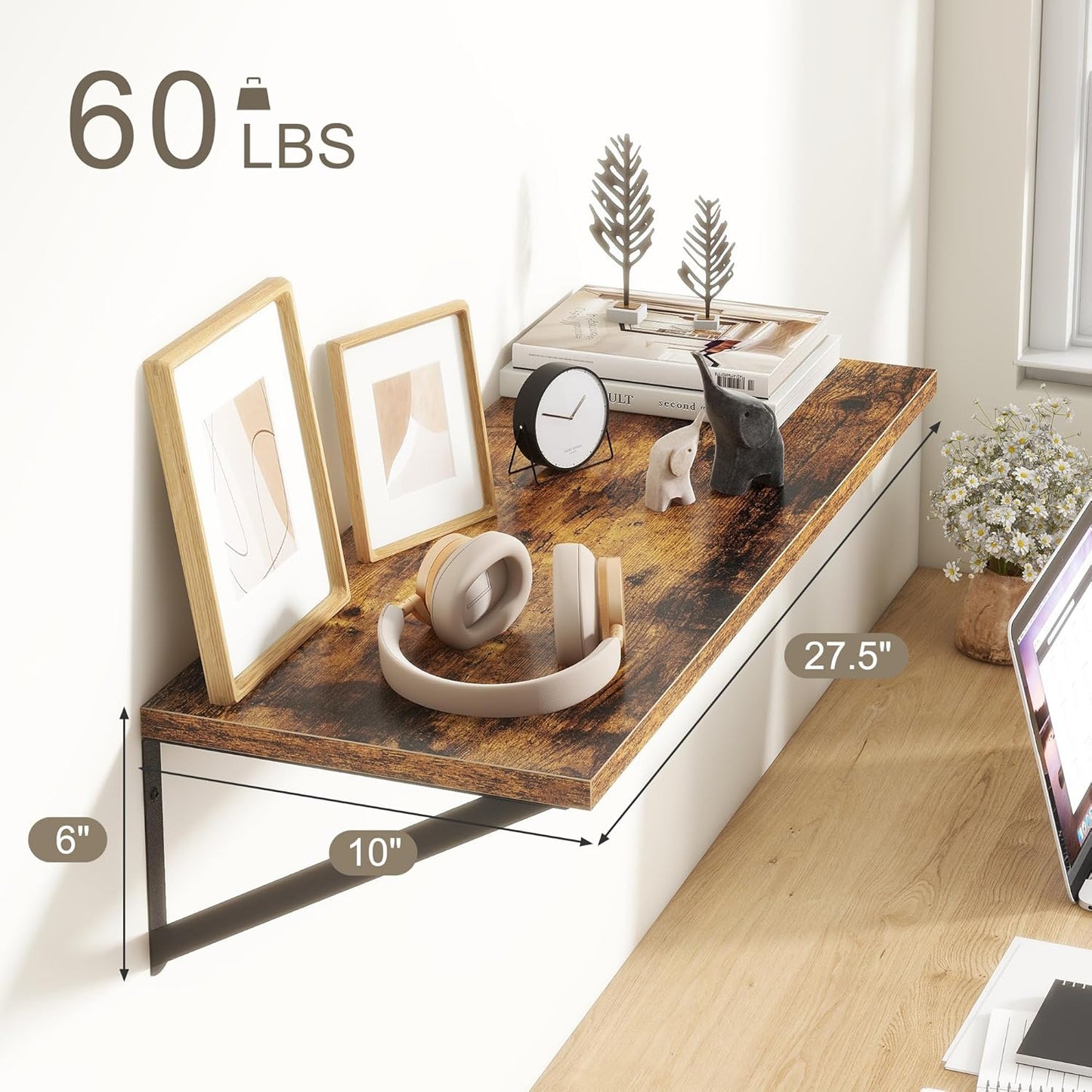 Fun Memories 27.5" W x10 D Floating Shelves, Large Wall Shelves 27.5 Inch Long, Set of 2, Farmhouse Wood Floating Shelf Wall Mounted, Deep Shelves for Bathroom, Living Room, Kitchen, Rustic Brown