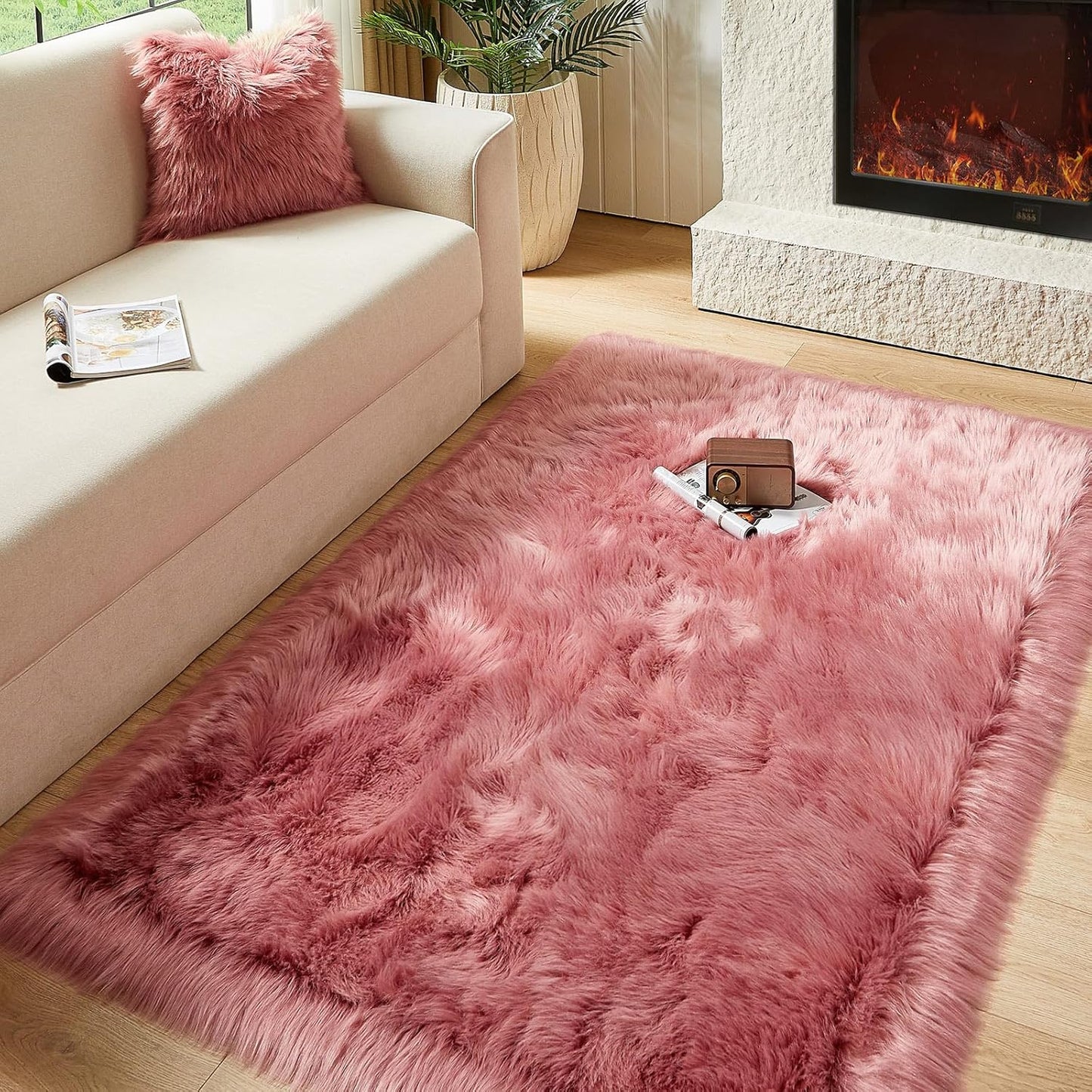 AMTOVO Faux Fur Sheepskin Rug for Living Room, 4 x 6 ft Blush Pink Fluffy Area Rug for Bedroom, Playroom, Luxury Room Decor, Rectangle