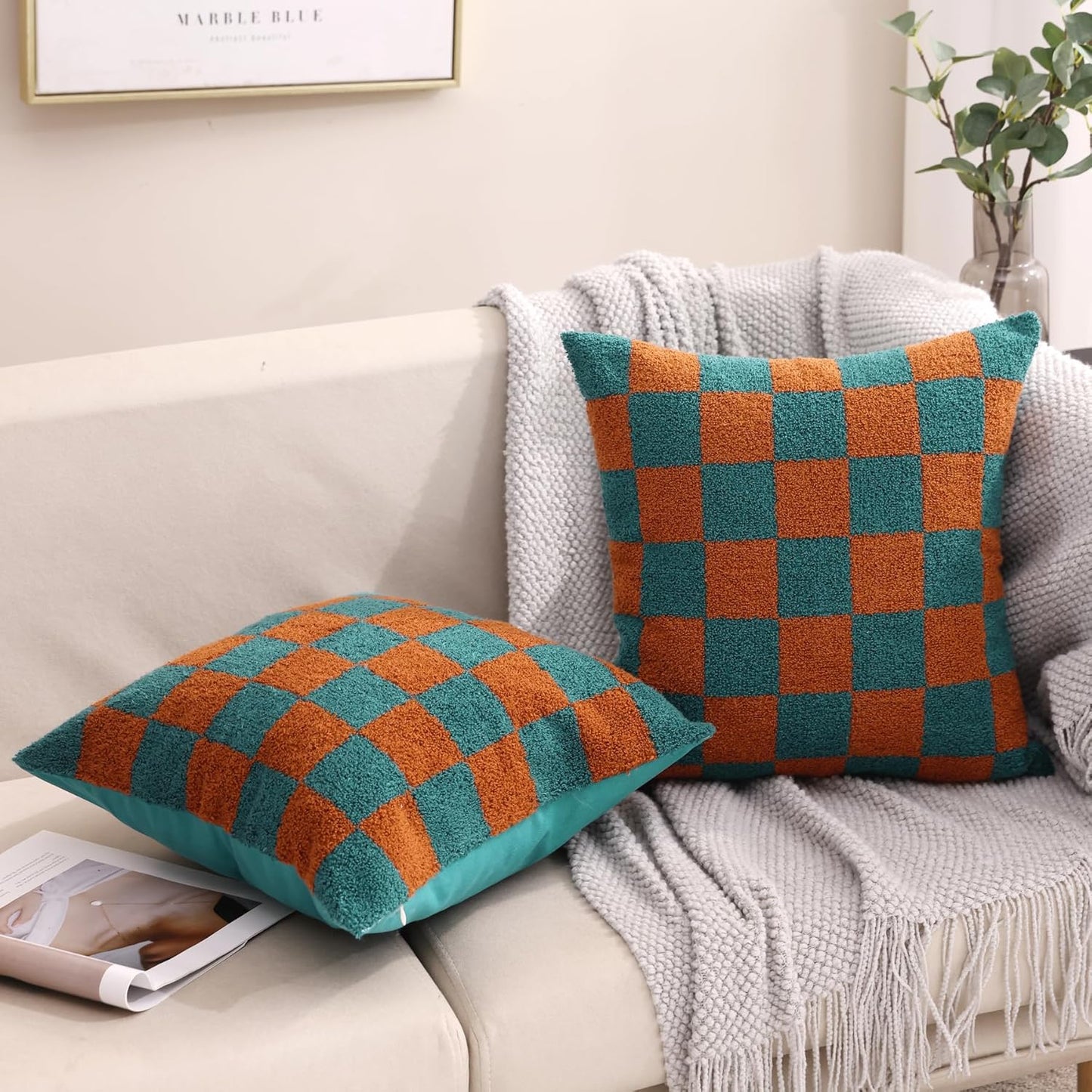 Alysheer Checkered Embroidered Decorative Throw Pillow Covers 18"x 18" Set of 2, Farmhouse Cottage Teal Brown Plaid Tufted Patterned Cotton Canvas Cushion Case for Sofa Couch Bed Living Room